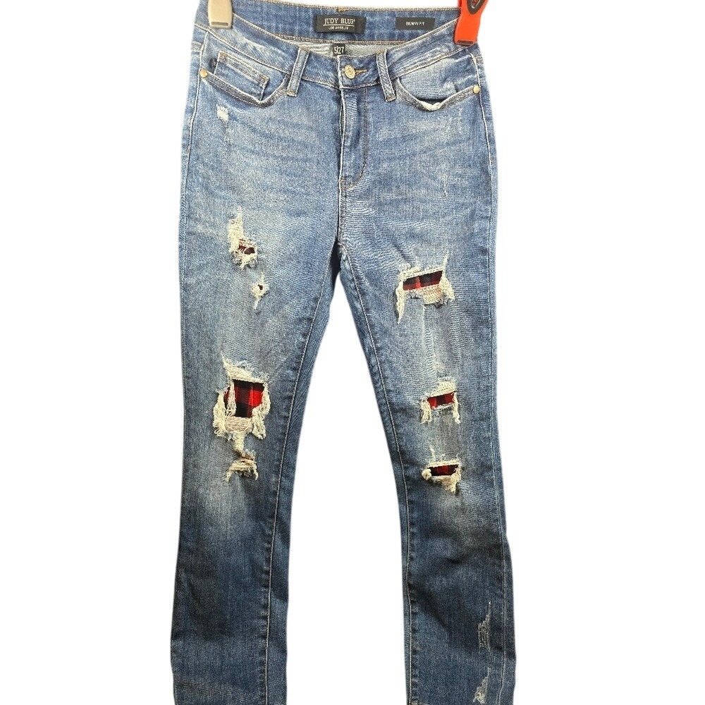 Judy Blue Skinny Fit Distressed Plaid Patch Jeans Medium Wash JB88316 Size‎ 5/27